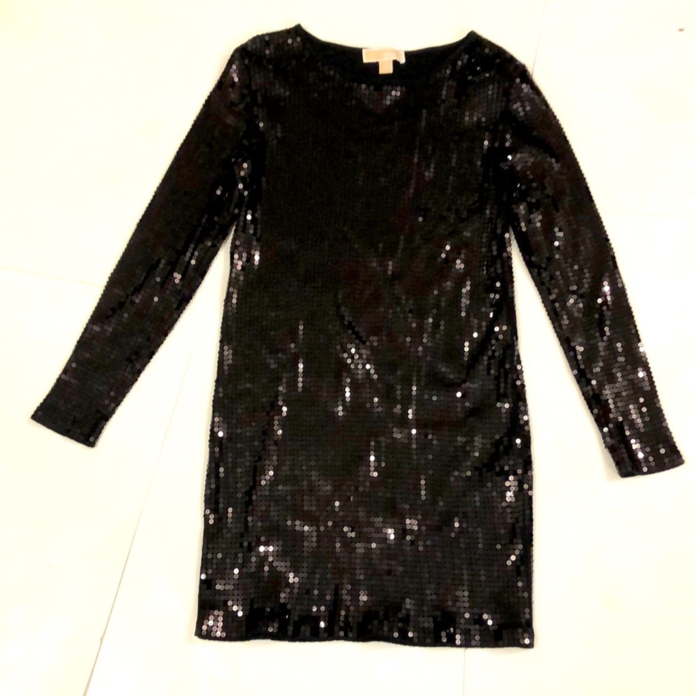 Michael Michael Kors M Dress Black Sequin Long Sleeve Stretchy Excellent Conditi